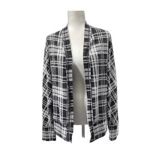 Peyton Jensen Black White Plaid Open Front Cardigan Sweater Women’s Medium